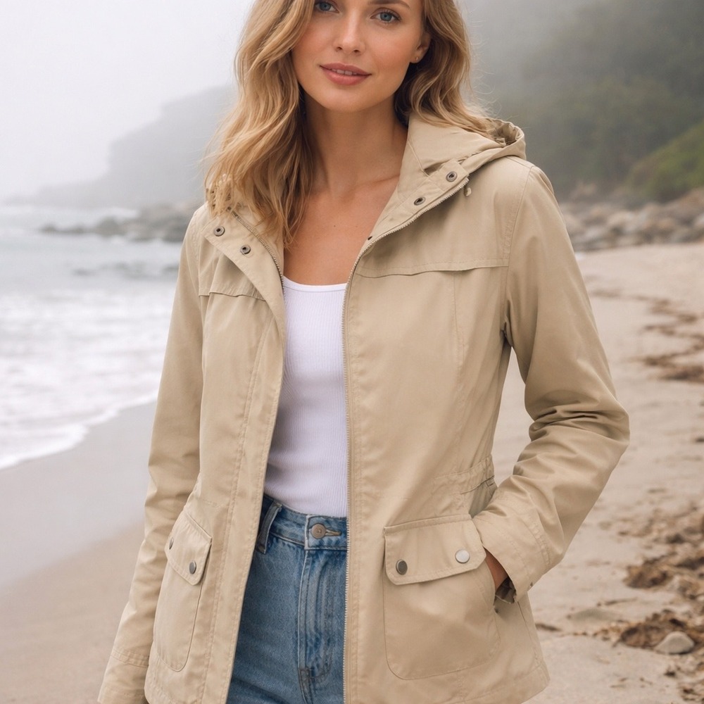Neutral Tan Hooded Utility Jacket Lightweight Rain Coat Minimalist Capsule Small